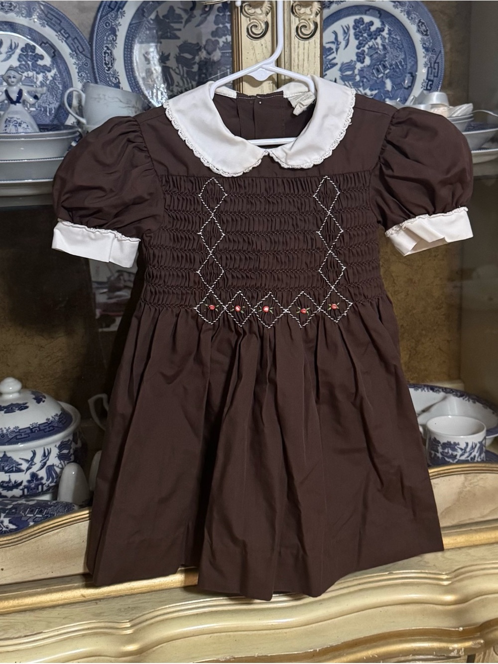 Vintage brown smocked dress ~4t girls 22” sth Thanksgiving Fall heirloom